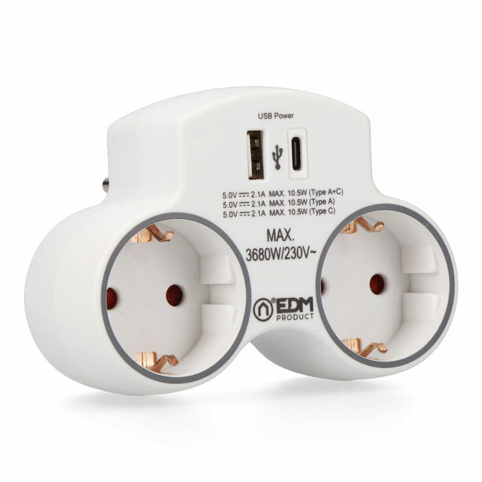 Edm Adaptador 2 tomas 2p+t Schuko con 2 USB (A + C), Blanco Edm Adaptador 2 tomas 2p+t Schuko con 2 USB (A + C), Blanco