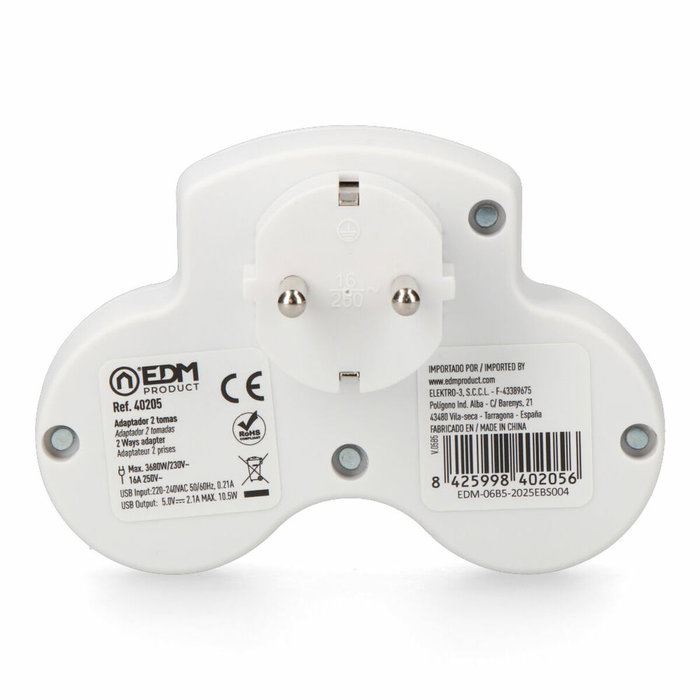 Edm Adaptador 2 tomas 2p+t Schuko con 2 USB (A + C), Blanco Edm Adaptador 2 tomas 2p+t Schuko con 2 USB (A + C), Blanco