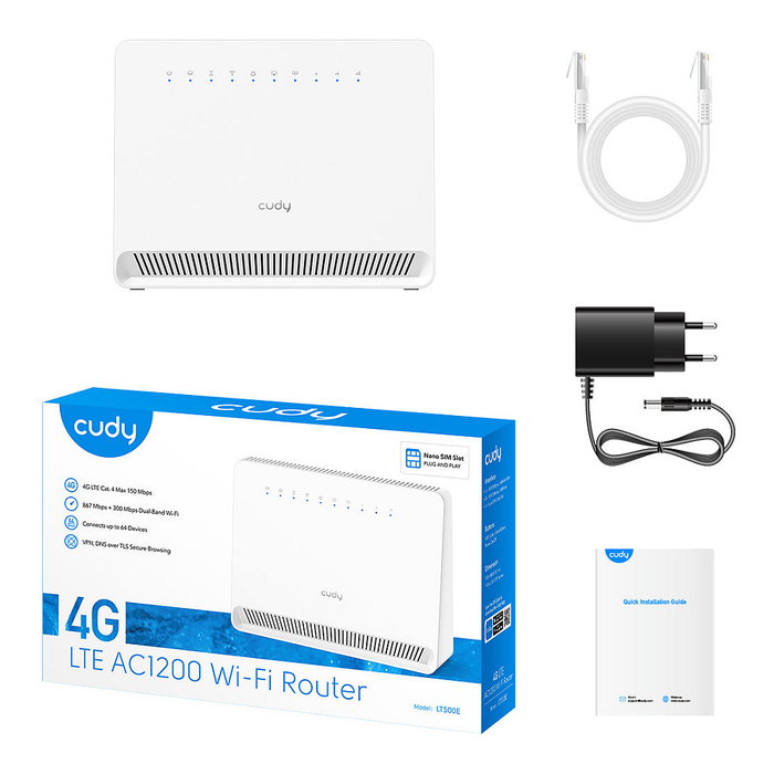 Cudy LT500E Router 4G LTE Cat4 AC1200 Wi-Fi 5 Doble Banda (2.4 GHz / 5 GHz) 867 Mbps con Ethernet y Antenas Internas