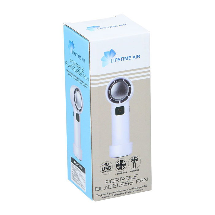 Lifetime Ventilador Portátil Recargable Sin Aspas, USB, 5 Velocidades, Pantalla LED, Base Antideslizante Desmontable, 5.5x5.5x16 cm