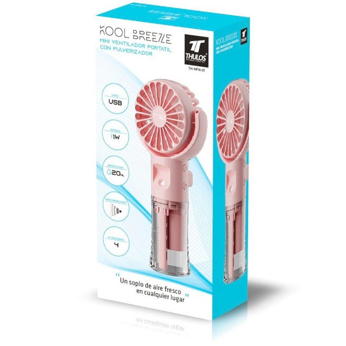 Thulos TH-MFN-01 Mini ventilador portátil con nebulizador Rosa, 4 velocidades, depósito 20ml, ligero y compacto