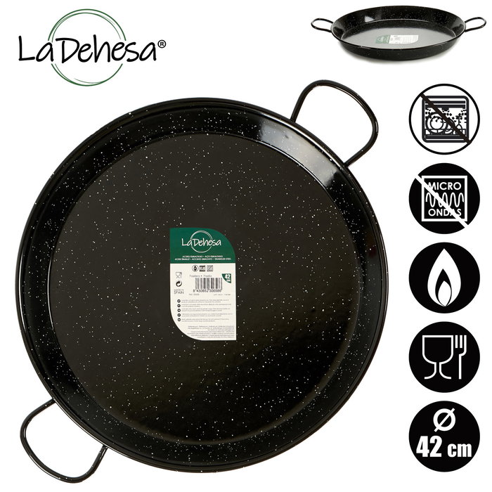 La Dehesa Paellera Esmaltada Negro Acero Esmaltado 42 cm (base 36 cm) 10 Raciones Apto Gas Horno Leña (Set de 6)