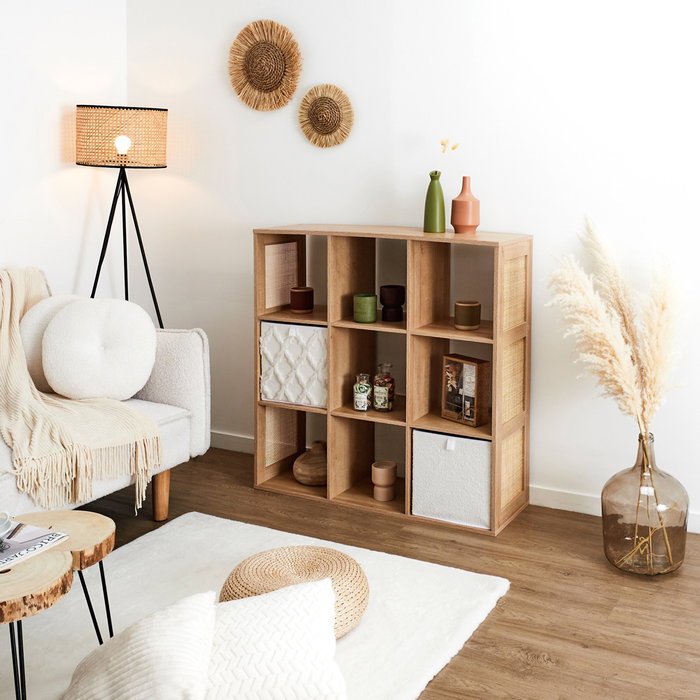 Home Deco Factory Estantería Bali 9 Compartimentos Madera y Ratán 99,6x32x99 cm