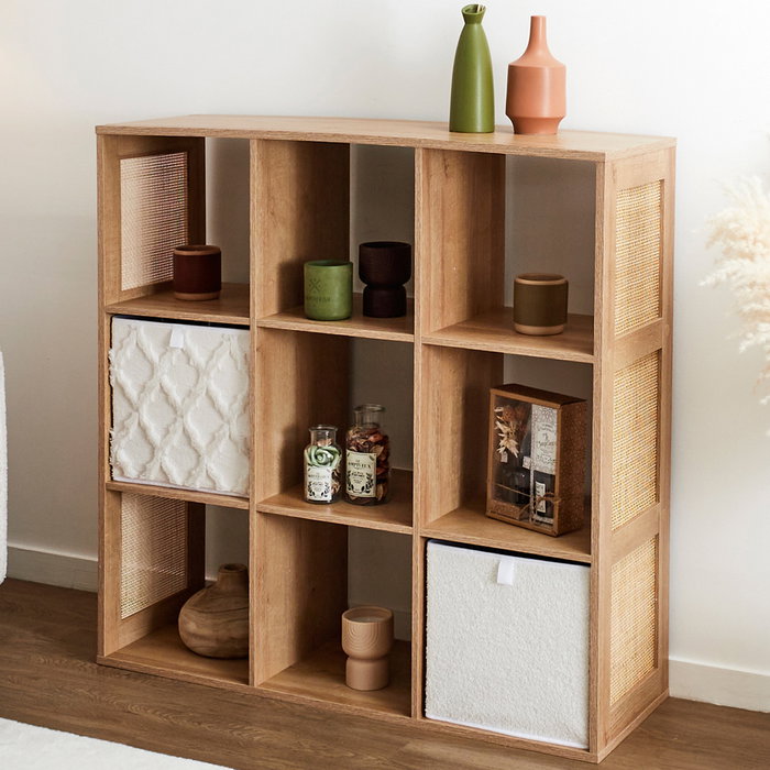 Home Deco Factory Estantería Bali 9 Compartimentos Madera y Ratán 99,6x32x99 cm