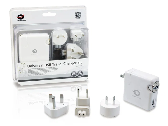 Conceptronic CUSBCHARKIT - Kit cargador de viaje universal (2 puertos USB, 5V 2.1A total) para smartphone, tableta, cámara digital - Cargador de pared y coche incluido - Blanco