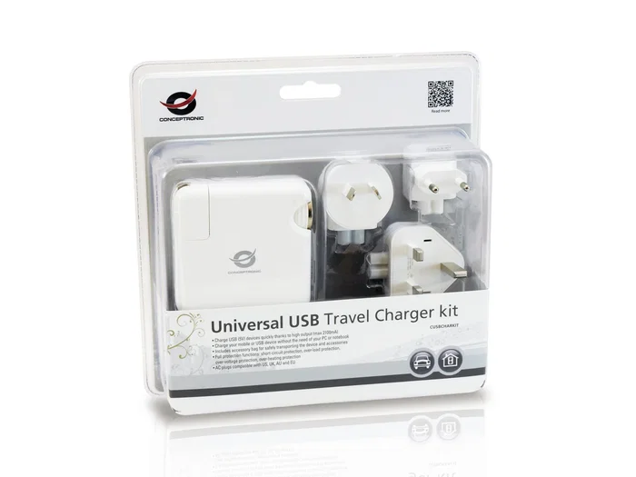 Conceptronic CUSBCHARKIT - Kit cargador de viaje universal (2 puertos USB, 5V 2.1A total) para smartphone, tableta, cámara digital - Cargador de pared y coche incluido - Blanco