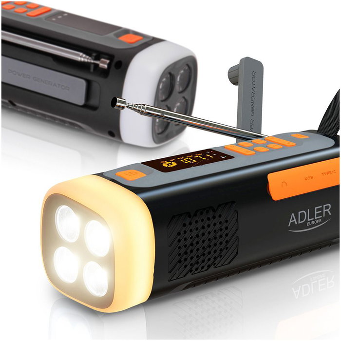 Adler Radio Emergencia AD 1920 con Linterna LED 4W, Solar y Manivela, Powerbank 4500 mAh, Bluetooth 5.0, FM/AM/SW