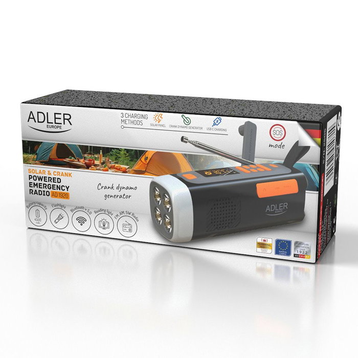 Adler Radio Emergencia AD 1920 con Linterna LED 4W, Solar y Manivela, Powerbank 4500 mAh, Bluetooth 5.0, FM/AM/SW