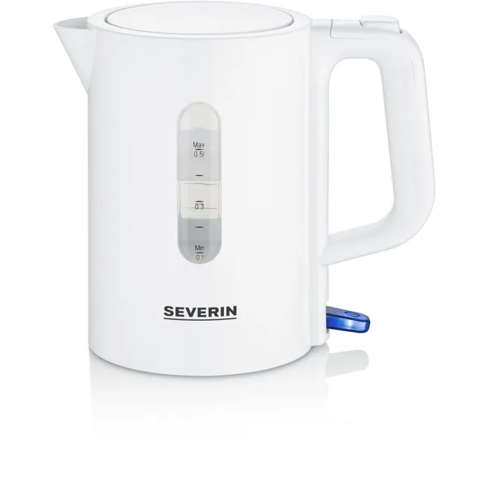SEVERIN WK3462 Hervidor Eléctrico de Viaje 0,5L, 1100W, Libre de BPA, 2 Tazas + 2 Cucharas, Blanco