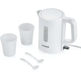 SEVERIN WK3462 Hervidor Eléctrico de Viaje 0,5L, 1100W, Libre de BPA, 2 Tazas + 2 Cucharas, Blanco