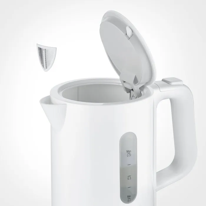SEVERIN WK3462 Hervidor Eléctrico de Viaje 0,5L, 1100W, Libre de BPA, 2 Tazas + 2 Cucharas, Blanco