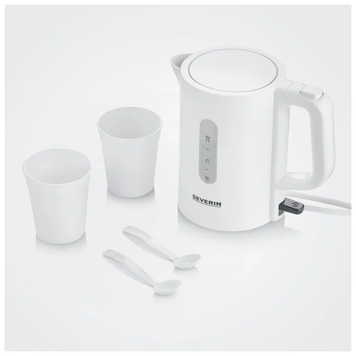 Severin WK3462 Hervidor de viaje 0,5 L Blanco, libre de BPA con 2 tazas y 2 cucharas Severin WK3462 Hervidor de viaje 0,5 L Blanco, libre de BPA con 2 tazas y 2 cucharas