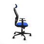 Silla de oficina Jorquera con mecanismo Sincro tapizada con Tela color Azul y malla color Gris. Equipada con lumbar 1D, Brazos 1D, Cabecero 2D y Ruedas 65mm nailon