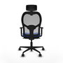 Silla de oficina Jorquera con mecanismo Sincro tapizada con Tela color Azul y malla color Gris. Equipada con lumbar 1D, Brazos 1D, Cabecero 2D y Ruedas 65mm nailon
