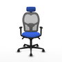 Silla de oficina Jorquera con mecanismo Sincro tapizada con Tela color Azul y malla color Gris. Equipada con lumbar 1D, Brazos 1D, Cabecero 2D y Ruedas 65mm nailon
