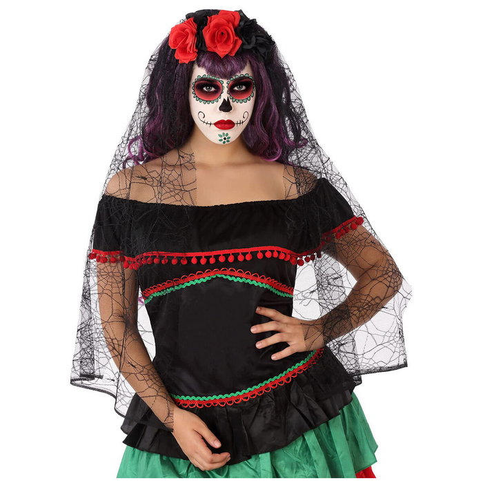 Atosa Diadema para Catrina con Rosas Rojas, Velo Negro y Telaraña