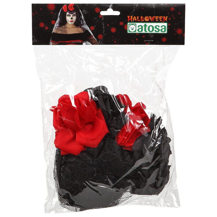 Atosa Diadema para Catrina con Rosas Rojas, Velo Negro y Telaraña