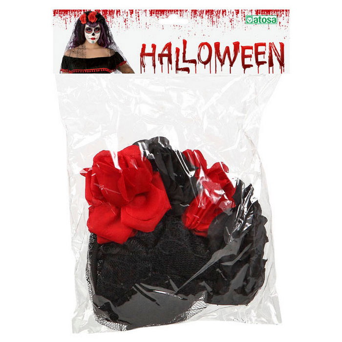 Atosa Diadema para Catrina con Rosas Rojas, Velo Negro y Telaraña