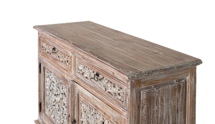 GINER Y COLOMER Aparador de madera de teca con 2 cajones y 2 puertas en Blanco lavado