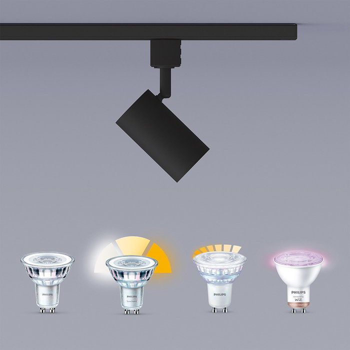 Philips Sistema de Riel Easylink 1 Metro, Negro, con 3 Focos Zilo 5W, Cabezal Ajustable, Casquillo GU10, Incluye Fuente de Alimentación y Fijación