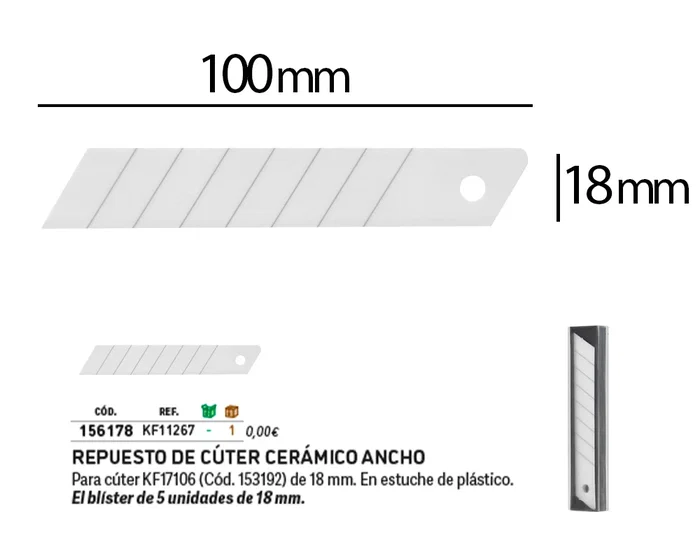 Q-connect Repuesto Cúter KF17106/KF14387 Cuchilla Cerámica Ancha 18 mm Blíster 5 Unidades