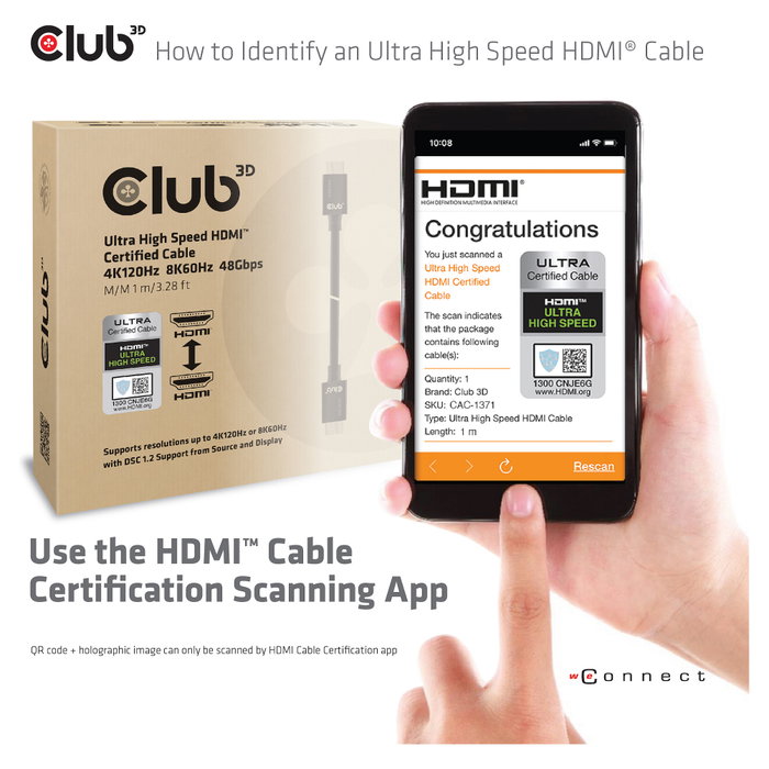 Club 3D Cable HDMI 2.1 Ultra High Speed 10K HDR 1m CAC-1371 Club 3D Cable HDMI 2.1 Ultra High Speed 10K HDR 1m CAC-1371