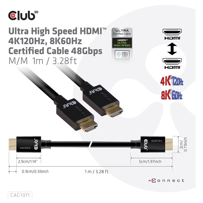 Club 3D Cable HDMI 2.1 Ultra High Speed 10K HDR 1m CAC-1371 Club 3D Cable HDMI 2.1 Ultra High Speed 10K HDR 1m CAC-1371