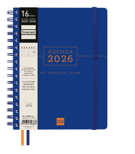 Finocam Agenda Tempus Espiral Doble 16 Meses 4º SVV Cierre C-Goma Tapa Extradura Azul 2025-2026