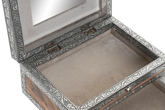 DKD Home Decor Joyero Árabe Plateado Marrón Madera y Aluminio 13 x 8 x 17.5 cm (2 Unidades)