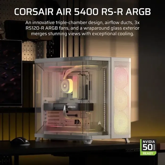 Corsair CC9011319WW Caja PC AIR 5400 RS-R ARGB Cristal Templado Media Torre Ventiladores Rotor Invertido RGB Blanco