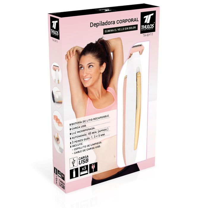 Thulos TH-BY11 Depiladora Corporal Eléctrica Recargable USB con 3 Peines Guía (1, 3, 5 mm), Luz LED, Autonomía 45 Minutos, Incluye Cepillo de Limpieza