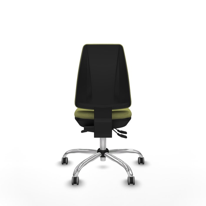 Silla de oficina Elche con mecanismo Asincro tapizada con Tela color Verde oliva. Equipada con Base cromada, Sin brazos y Ruedas 65 mm parqué