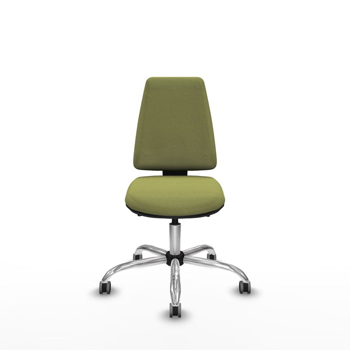 Silla de oficina Elche con mecanismo Asincro tapizada con Tela color Verde oliva. Equipada con Base cromada, Sin brazos y Ruedas 65 mm parqué