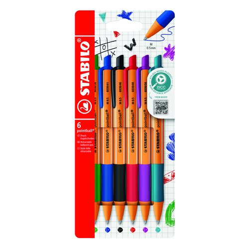 STABILO Pointball Bolígrafos de Bola Retráctiles de 0.5 mm, Surtido de Colores, Pack de 6 STABILO Pointball Bolígrafos de Bola Retráctiles de 0.5 mm, Surtido de Colores, Pack de 6