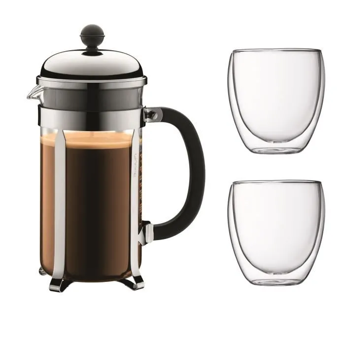 Bodum Chambord Juego de Cafeteras de Prensa Francesa - 8 Tazas - 1L - Gris - Incluye 2 Vasos Pavina Doble Pared 0.35L Bodum Chambord Juego de Cafeteras de Prensa Francesa - 8 Tazas - 1L - Gris - Incluye 2 Vasos Pavina Doble Pared 0.35L