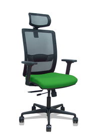Silla de oficina Haches con mecanismo Sincro/Traslack tapizada con Tela color Verde y malla color Negro. Equipada con lumbar 1D, Brazos 2D, Cabecero 2D y Ruedas 65mm nailon
