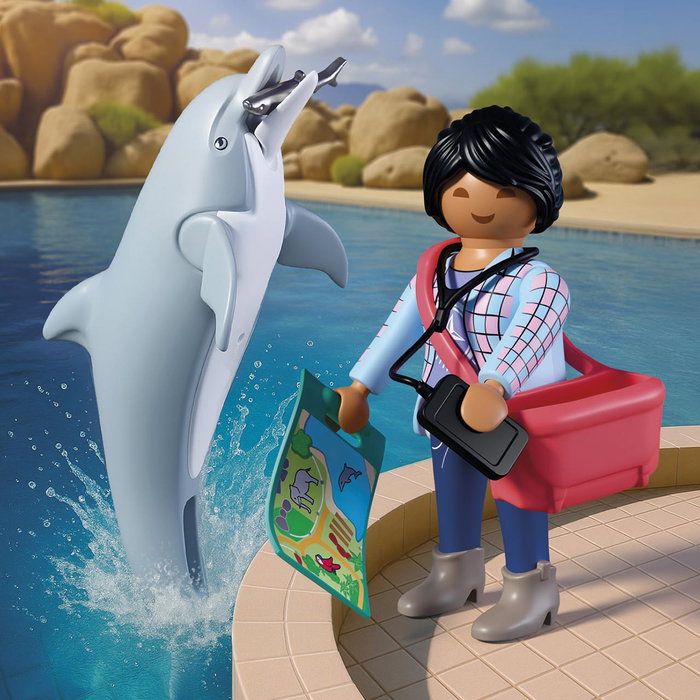 PLAYMOBIL Zoo Delfín y Visitante 72091, Figura de Delfín Móvil con Aleta y Accesorios, Juguete para Niños +4 Años, Idioma Español