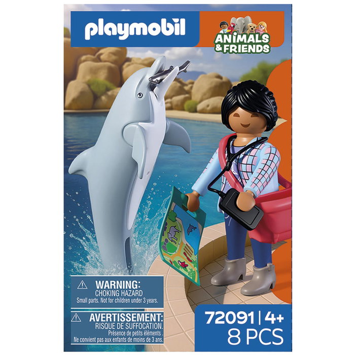 PLAYMOBIL Zoo Delfín y Visitante 72091, Figura de Delfín Móvil con Aleta y Accesorios, Juguete para Niños +4 Años, Idioma Español