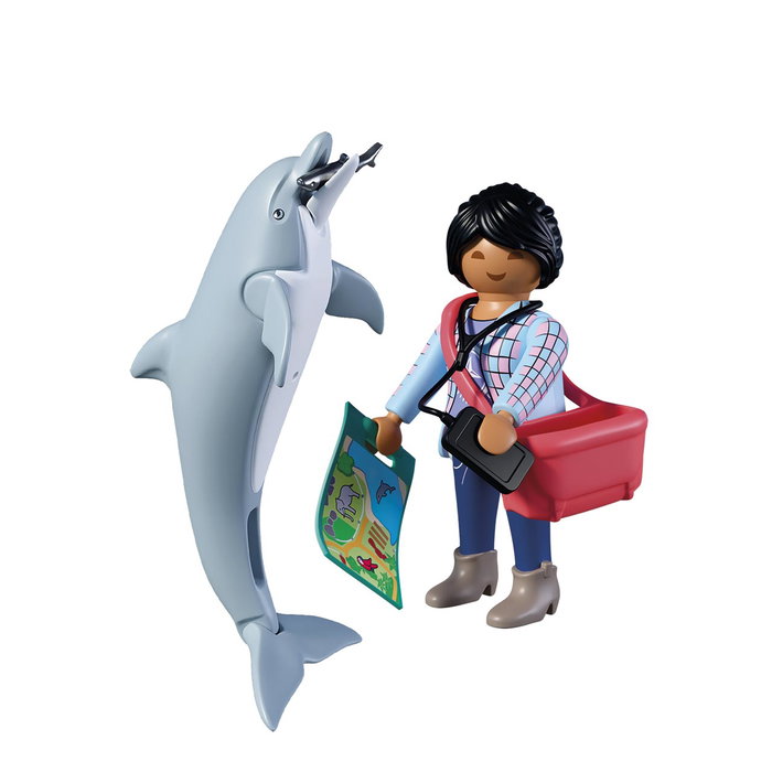 PLAYMOBIL Zoo Delfín y Visitante 72091, Figura de Delfín Móvil con Aleta y Accesorios, Juguete para Niños +4 Años, Idioma Español