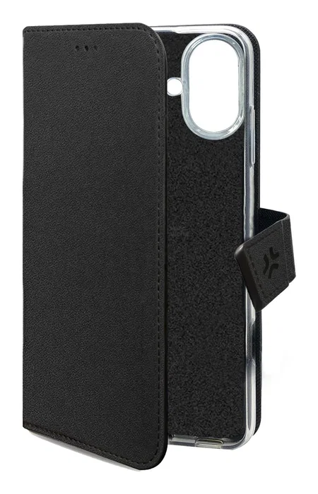 Celly WALLY1078 Funda Cartera con Cierre Magnético para Apple iPhone 16 (15.5 cm / 6.1"), Imitación Piel Negro - Resistente a Golpes y Rayones con Soporte y Bolsillo para Tarjetas