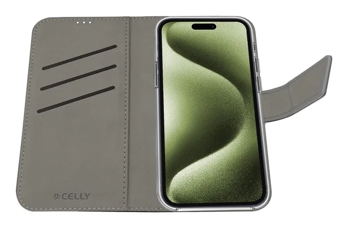 Celly WALLY1078 Funda Cartera con Cierre Magnético para Apple iPhone 16 (15.5 cm / 6.1"), Imitación Piel Negro - Resistente a Golpes y Rayones con Soporte y Bolsillo para Tarjetas