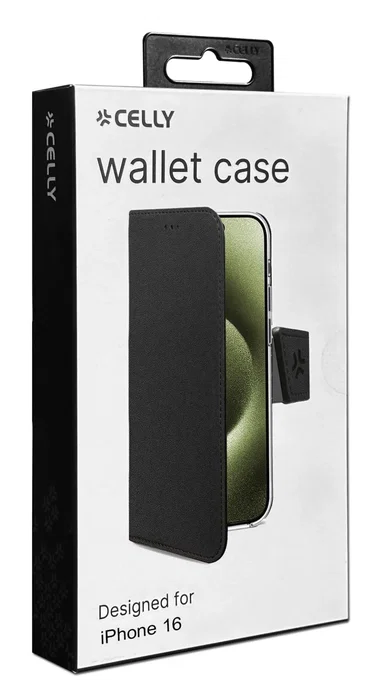 Celly WALLY1078 Funda Cartera con Cierre Magnético para Apple iPhone 16 (15.5 cm / 6.1"), Imitación Piel Negro - Resistente a Golpes y Rayones con Soporte y Bolsillo para Tarjetas