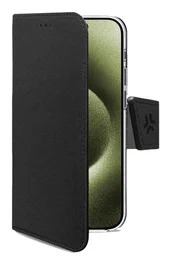 Celly WALLY1078 Funda Cartera con Cierre Magnético para Apple iPhone 16 (15.5 cm / 6.1"), Imitación Piel Negro - Resistente a Golpes y Rayones con Soporte y Bolsillo para Tarjetas