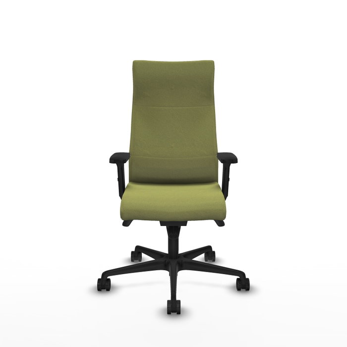 Sillón Albacete con mecanismo Sincro tapizada con Tela color Verde oliva. Equipado con Base nailon negra, Brazos 2D y Ruedas 65mm nailon