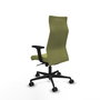 Sillón Albacete con mecanismo Sincro tapizada con Tela color Verde oliva. Equipado con Base nailon negra, Brazos 2D y Ruedas 65mm nailon