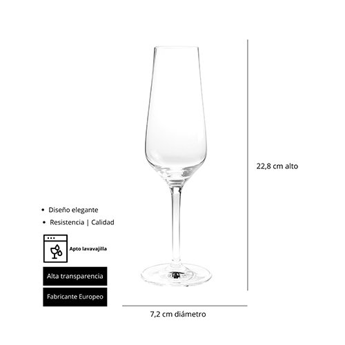 Aosta Copa Champagne - 23 cl - Cristal - Altura: 228 mm, Diámetro: 72 mm (Set de 6) Aosta Copa Champagne - 23 cl - Cristal - Altura: 228 mm, Diámetro: 72 mm (Set de 6)
