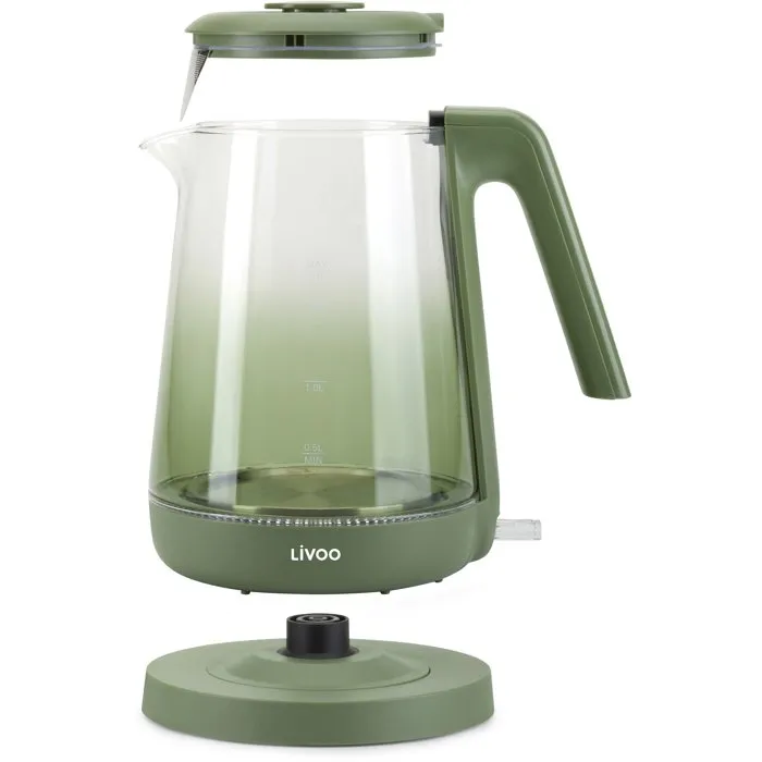 Livoo Hervidor de Agua Eléctrico DOD216V, 2200W, 1.7L, Vidrio, Color Verde, para Agua Caliente, Té y Café