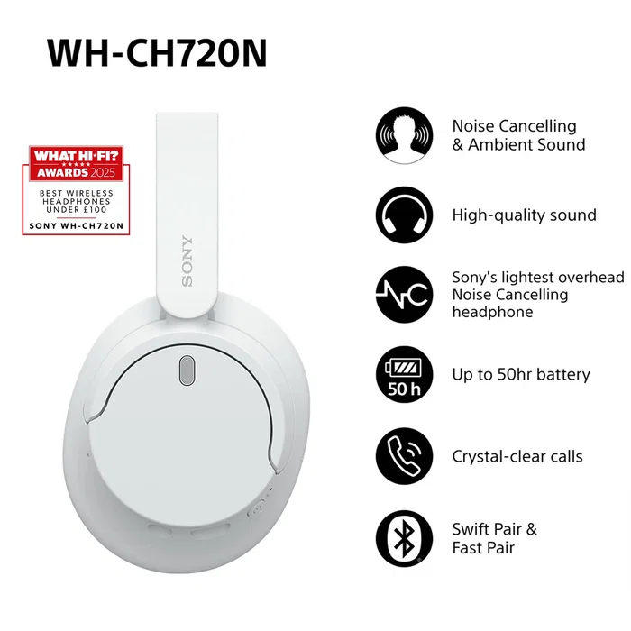 Sony WH-CH720N Auriculares Inalámbricos Diadema Bluetooth 5.2 Blanco con Cancelación de Ruido, 50h Batería, Carga Rápida USB-C, Micrófono para Llamadas/Música