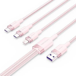 Vention Cable USB 2.0 3 en 1 USB-C, Lightning, Micro USB Carga Rápida 120W Transferencia Datos 1.5m Rosa