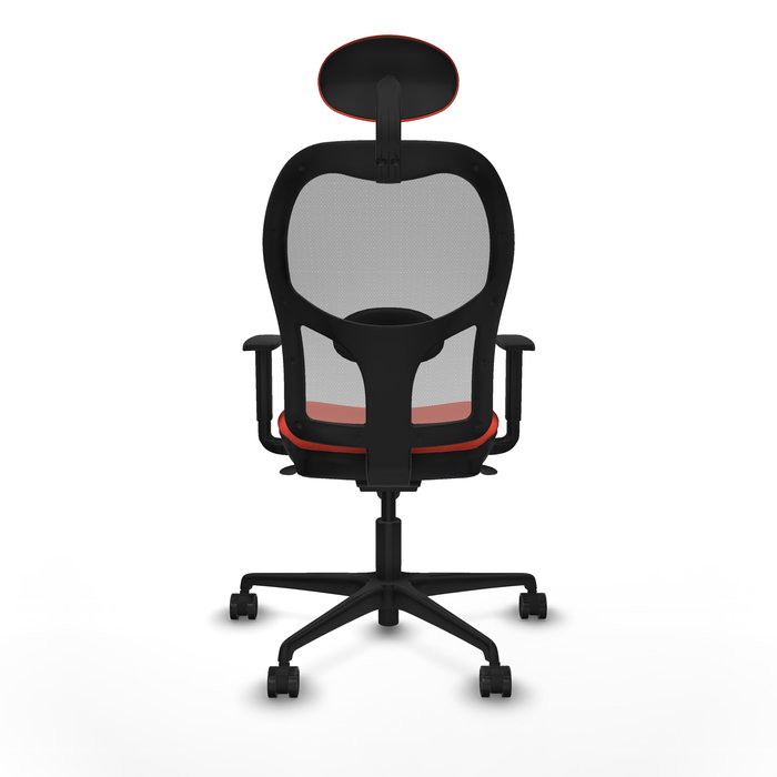 Silla de oficina Jorquera con mecanismo Sincro tapizada con Tela color Naranja oscuro y malla color Gris. Equipada con lumbar 1D, Brazos 1D, Cabecero Fijo y Ruedas 65mm nailon